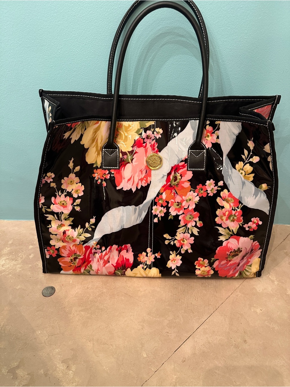 Anna Griffin Black Floral Tote Bag with Pink & Yellow Blooms